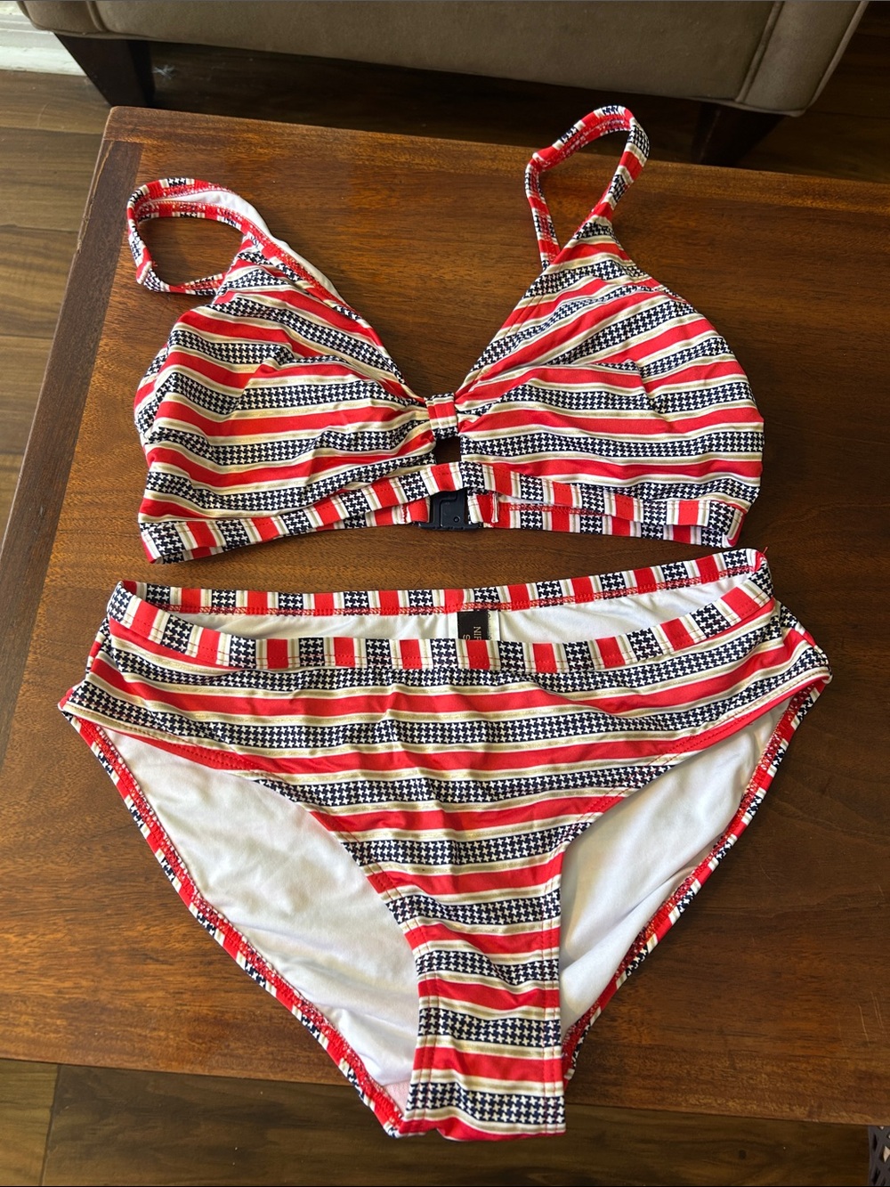 NIP TUCK SWIM Striped Red, White & Navy Bikini Set. Sz 6 Multi Fit Cup